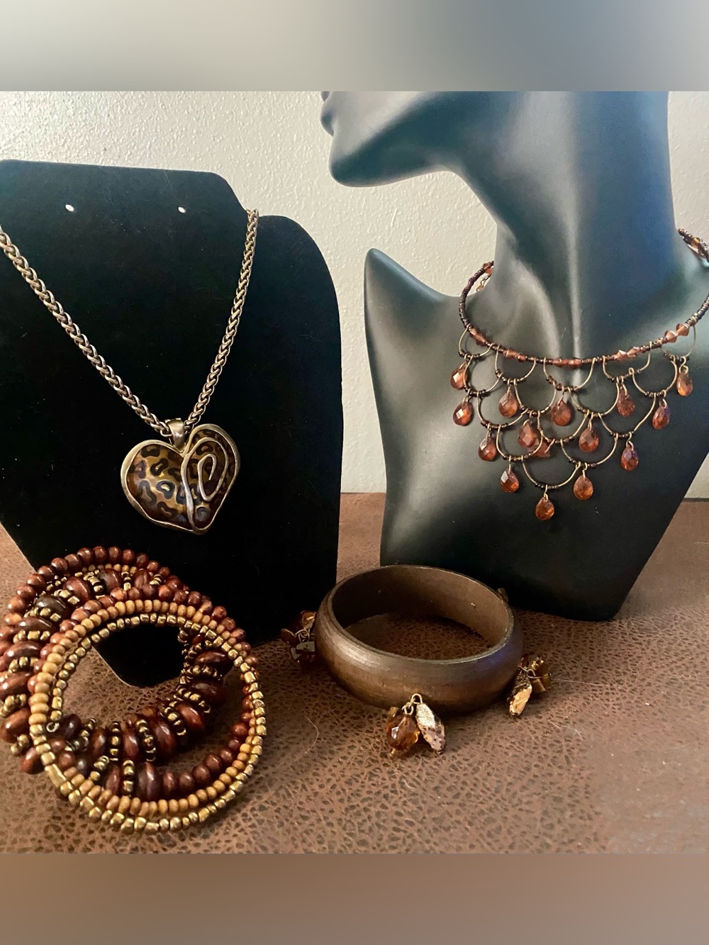 Vintage Root beer Wire Waterfall Bib Necklace. Coil Wrap & Wood bracelets